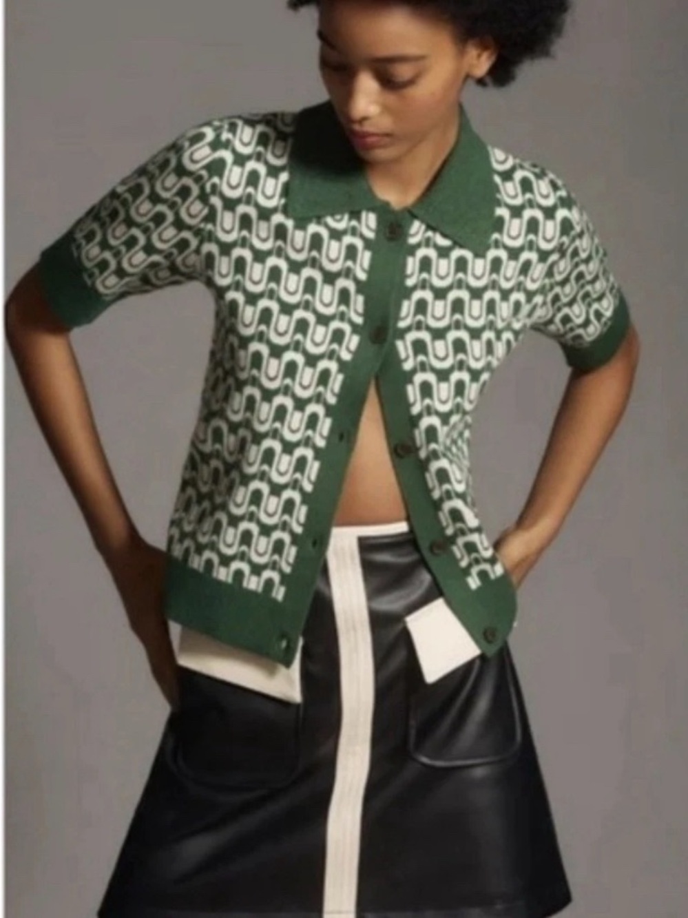 Anthropology Geometric Short-Sleeve Button Cardigan Sweater